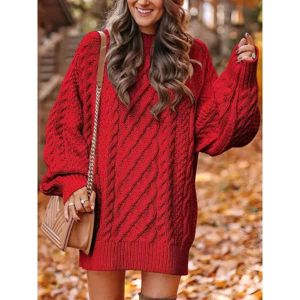 imageANRABESS Women Crewneck Long Sleeve Oversized Cable Knit Chunky Pullover Short Sweater DressesRed