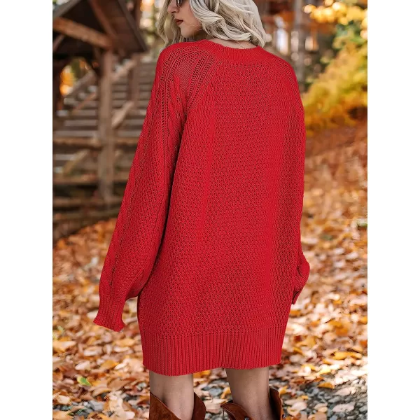 imageANRABESS Women Crewneck Long Sleeve Oversized Cable Knit Chunky Pullover Short Sweater DressesRed