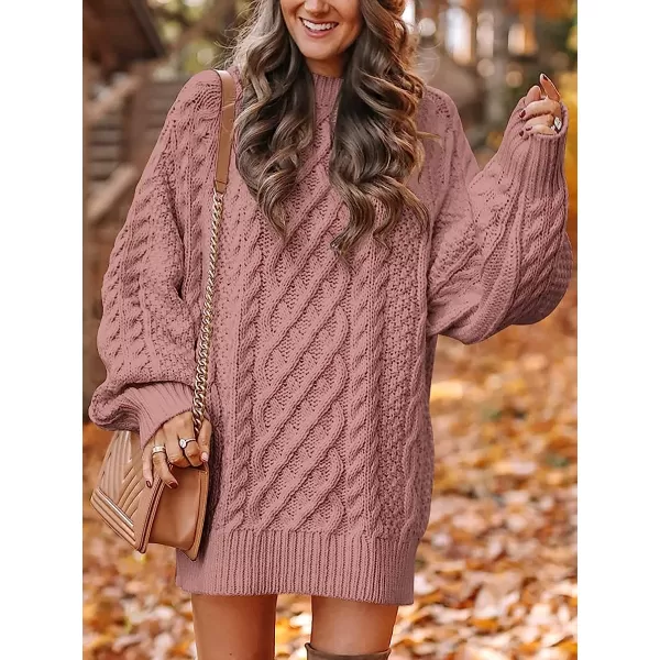 imageANRABESS Women Crewneck Long Sleeve Oversized Cable Knit Chunky Pullover Short Sweater DressesRed Pink
