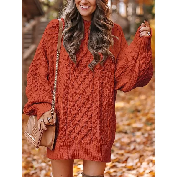 imageANRABESS Women Crewneck Long Sleeve Oversized Cable Knit Chunky Pullover Short Sweater DressesRust