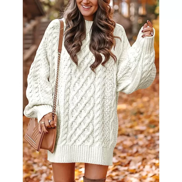 imageANRABESS Women Crewneck Long Sleeve Oversized Cable Knit Chunky Pullover Short Sweater DressesWhite