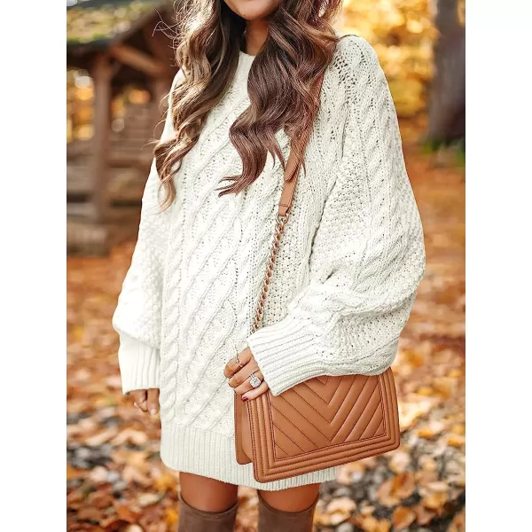 imageANRABESS Women Crewneck Long Sleeve Oversized Cable Knit Chunky Pullover Short Sweater DressesWhite