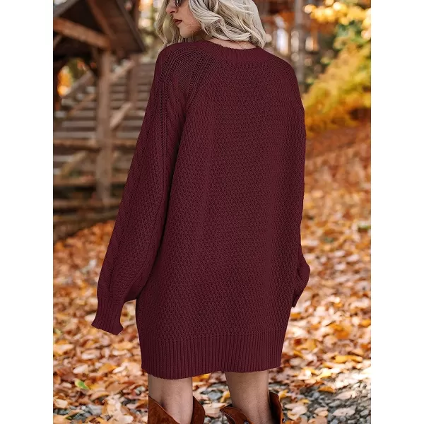 imageANRABESS Women Crewneck Long Sleeve Oversized Cable Knit Chunky Pullover Short Sweater DressesWine Red