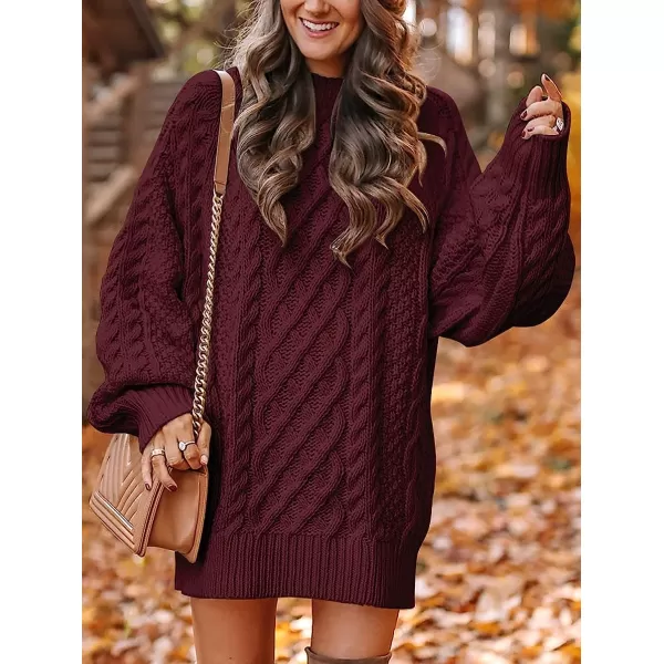 imageANRABESS Women Crewneck Long Sleeve Oversized Cable Knit Chunky Pullover Short Sweater DressesWine Red