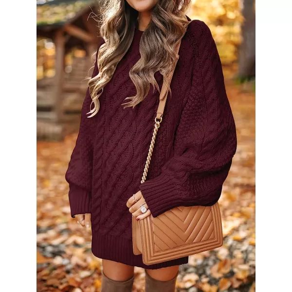 imageANRABESS Women Crewneck Long Sleeve Oversized Cable Knit Chunky Pullover Short Sweater DressesWine Red