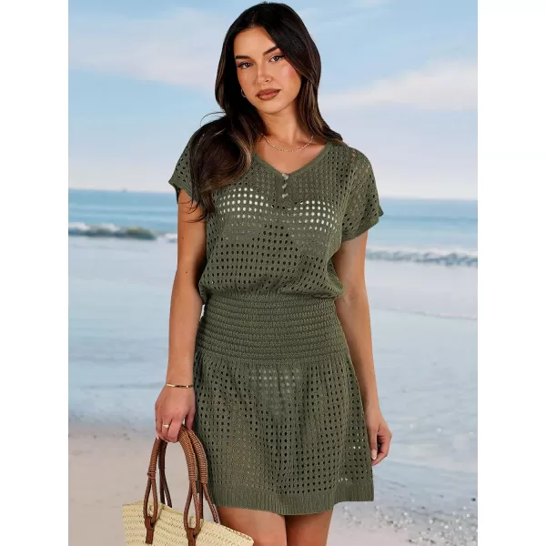 imageANRABESS Women Crochet Swim Coverups Short Sleeve Hollow Out Beach Swimwear Bathing Suit Cover Up DressArmy Green