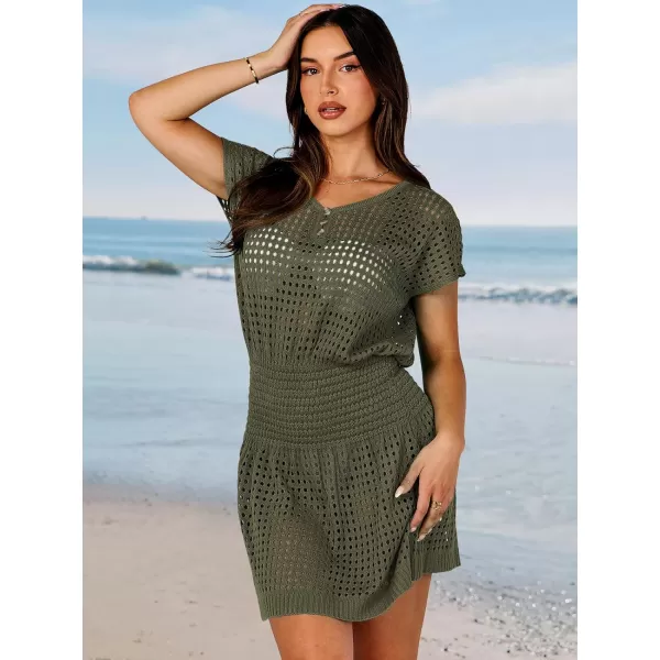 imageANRABESS Women Crochet Swim Coverups Short Sleeve Hollow Out Beach Swimwear Bathing Suit Cover Up DressArmy Green