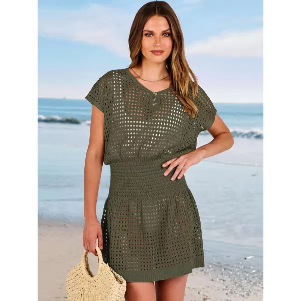 imageANRABESS Women Crochet Swim Coverups Short Sleeve Hollow Out Beach Swimwear Bathing Suit Cover Up DressArmy Green