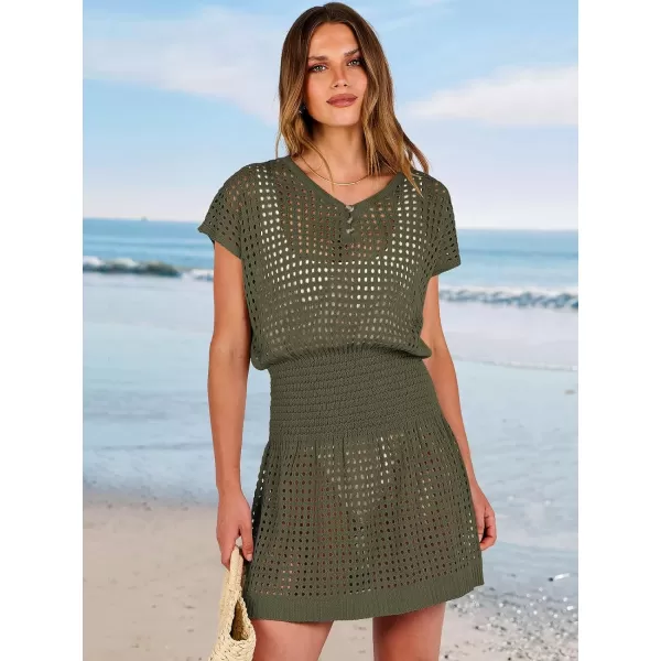 imageANRABESS Women Crochet Swim Coverups Short Sleeve Hollow Out Beach Swimwear Bathing Suit Cover Up DressArmy Green