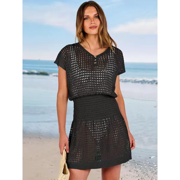 imageANRABESS Women Crochet Swim Coverups Short Sleeve Hollow Out Beach Swimwear Bathing Suit Cover Up DressBlack