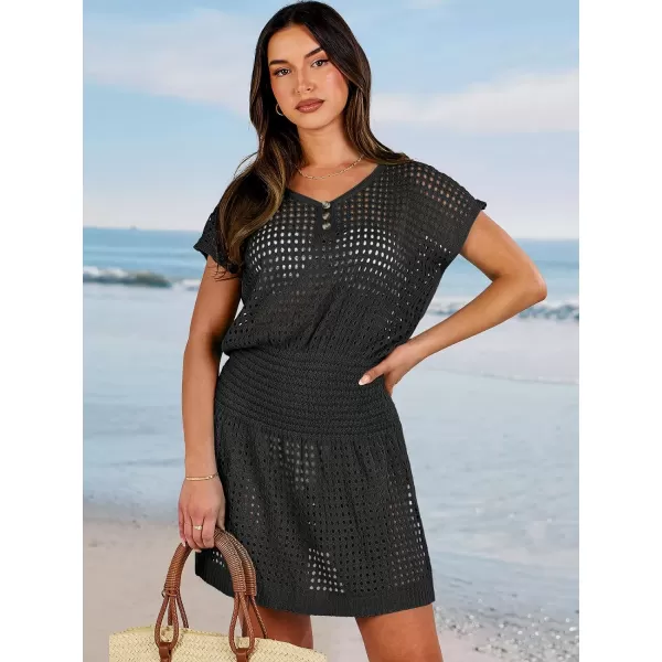 imageANRABESS Women Crochet Swim Coverups Short Sleeve Hollow Out Beach Swimwear Bathing Suit Cover Up DressBlack