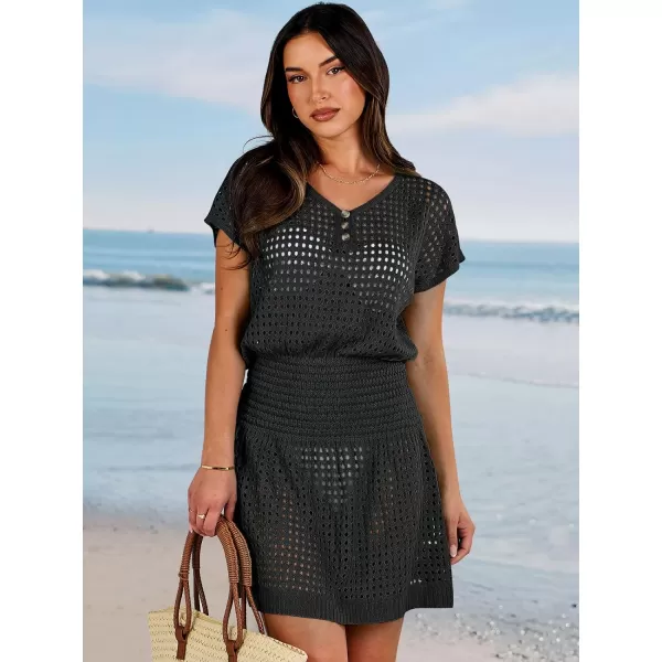 imageANRABESS Women Crochet Swim Coverups Short Sleeve Hollow Out Beach Swimwear Bathing Suit Cover Up DressBlack