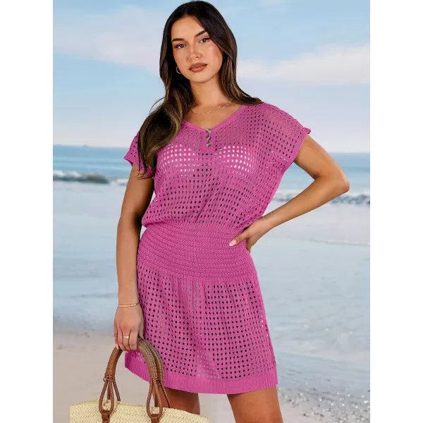 imageANRABESS Women Crochet Swim Coverups Short Sleeve Hollow Out Beach Swimwear Bathing Suit Cover Up DressHot Pink