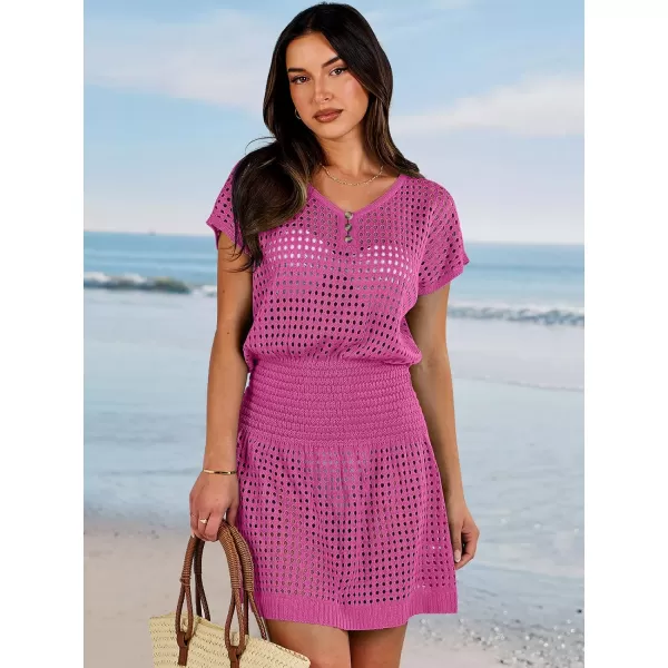 imageANRABESS Women Crochet Swim Coverups Short Sleeve Hollow Out Beach Swimwear Bathing Suit Cover Up DressHot Pink