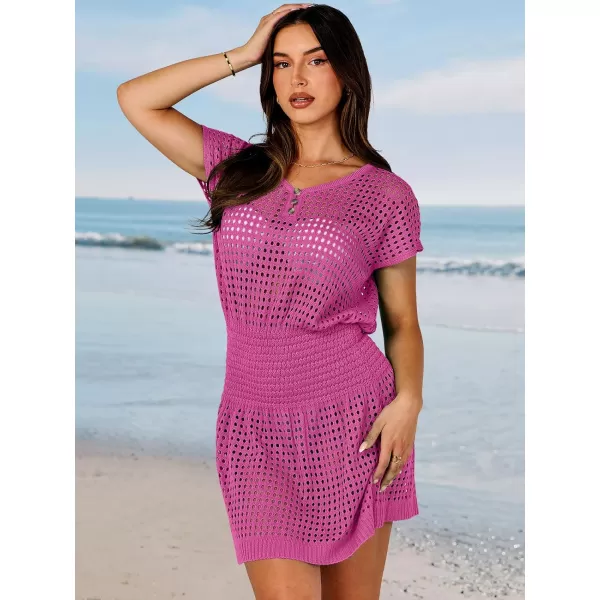 imageANRABESS Women Crochet Swim Coverups Short Sleeve Hollow Out Beach Swimwear Bathing Suit Cover Up DressHot Pink