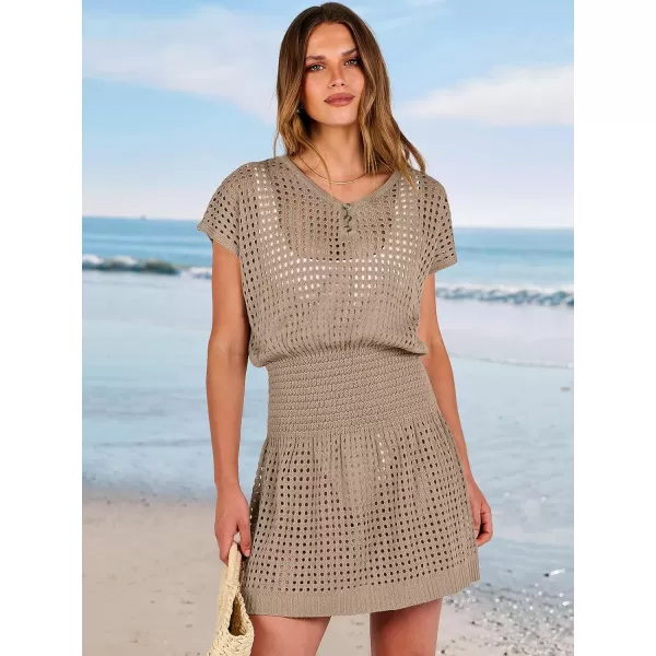imageANRABESS Women Crochet Swim Coverups Short Sleeve Hollow Out Beach Swimwear Bathing Suit Cover Up DressKhaki