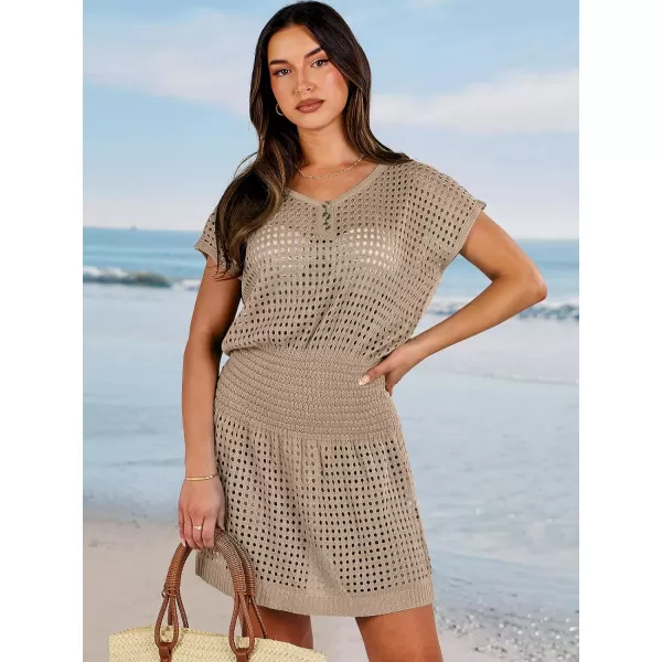 imageANRABESS Women Crochet Swim Coverups Short Sleeve Hollow Out Beach Swimwear Bathing Suit Cover Up DressKhaki
