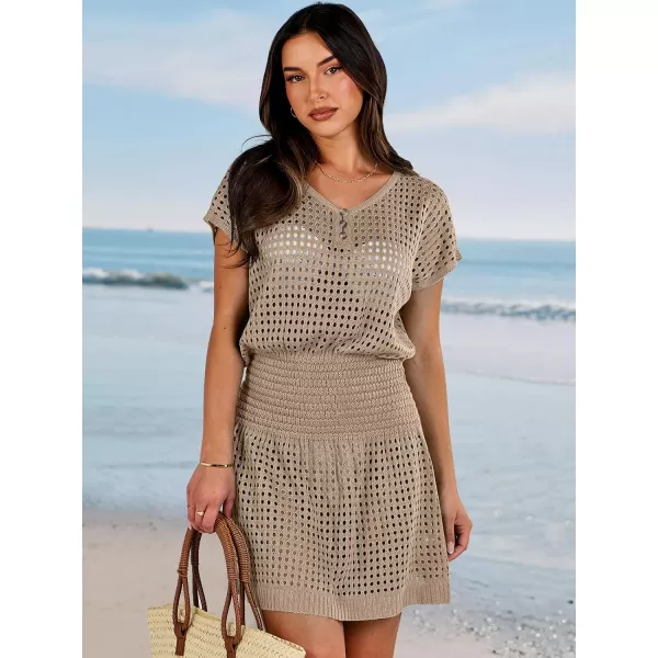 imageANRABESS Women Crochet Swim Coverups Short Sleeve Hollow Out Beach Swimwear Bathing Suit Cover Up DressKhaki
