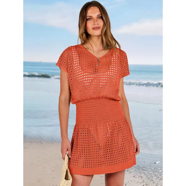 imageANRABESS Women Crochet Swim Coverups Short Sleeve Hollow Out Beach Swimwear Bathing Suit Cover Up DressOrange