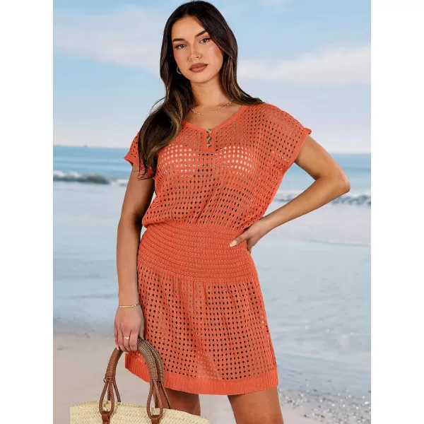 imageANRABESS Women Crochet Swim Coverups Short Sleeve Hollow Out Beach Swimwear Bathing Suit Cover Up DressOrange