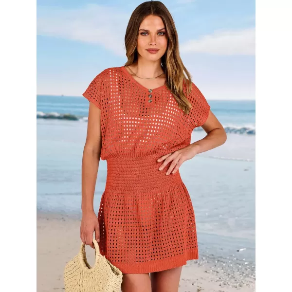 imageANRABESS Women Crochet Swim Coverups Short Sleeve Hollow Out Beach Swimwear Bathing Suit Cover Up DressOrange