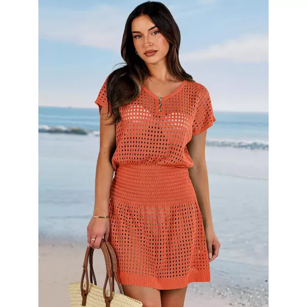 imageANRABESS Women Crochet Swim Coverups Short Sleeve Hollow Out Beach Swimwear Bathing Suit Cover Up DressOrange