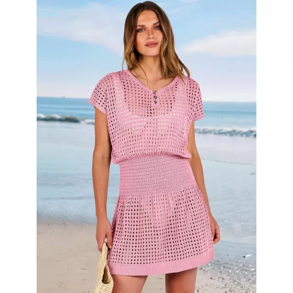 imageANRABESS Women Crochet Swim Coverups Short Sleeve Hollow Out Beach Swimwear Bathing Suit Cover Up DressPink