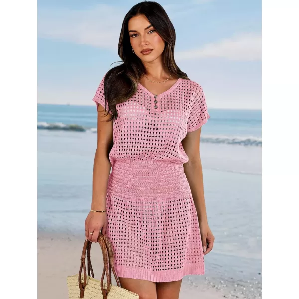 imageANRABESS Women Crochet Swim Coverups Short Sleeve Hollow Out Beach Swimwear Bathing Suit Cover Up DressPink