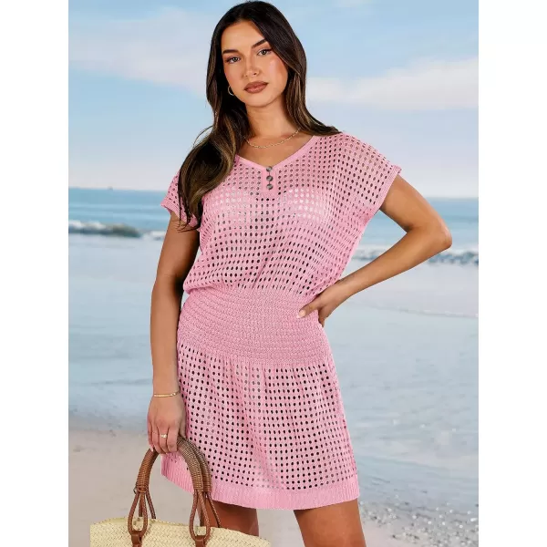 imageANRABESS Women Crochet Swim Coverups Short Sleeve Hollow Out Beach Swimwear Bathing Suit Cover Up DressPink