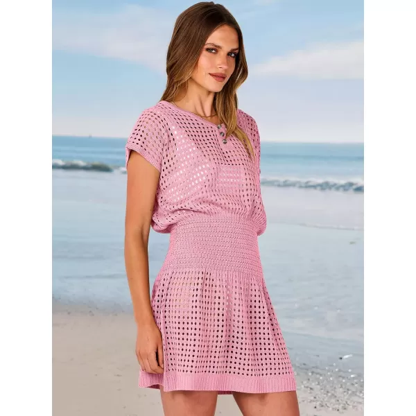 imageANRABESS Women Crochet Swim Coverups Short Sleeve Hollow Out Beach Swimwear Bathing Suit Cover Up DressPink