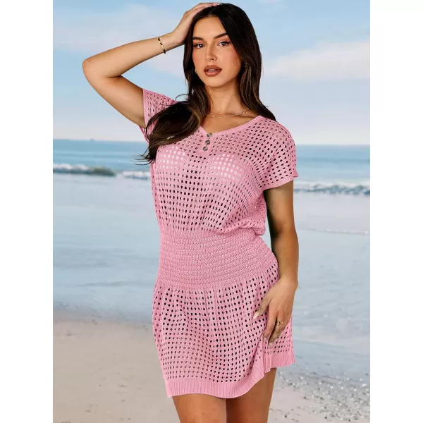imageANRABESS Women Crochet Swim Coverups Short Sleeve Hollow Out Beach Swimwear Bathing Suit Cover Up DressPink