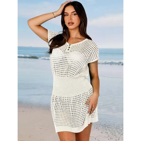 imageANRABESS Women Crochet Swim Coverups Short Sleeve Hollow Out Beach Swimwear Bathing Suit Cover Up DressWhite