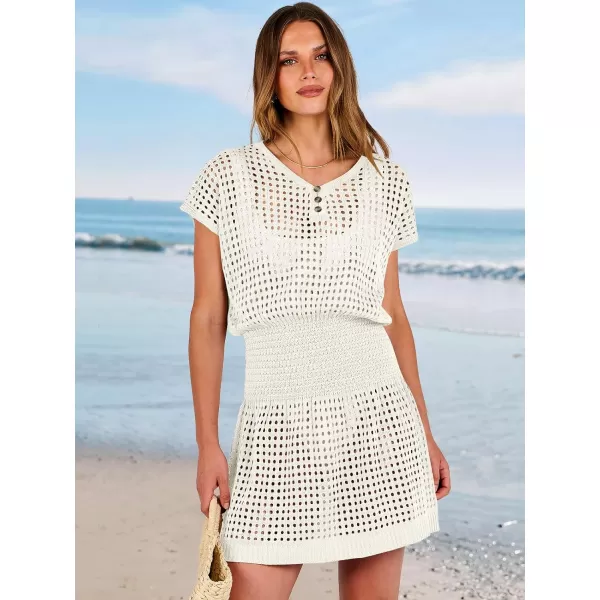 imageANRABESS Women Crochet Swim Coverups Short Sleeve Hollow Out Beach Swimwear Bathing Suit Cover Up DressWhite