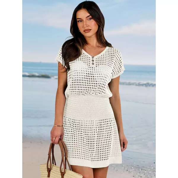 imageANRABESS Women Crochet Swim Coverups Short Sleeve Hollow Out Beach Swimwear Bathing Suit Cover Up DressWhite