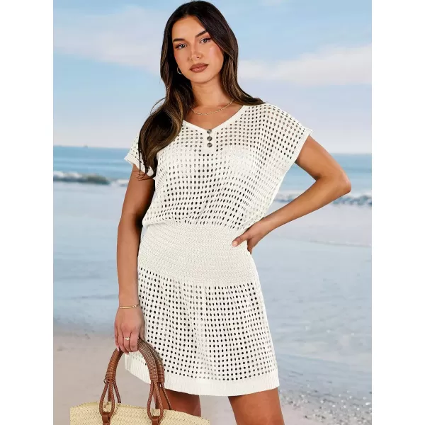 imageANRABESS Women Crochet Swim Coverups Short Sleeve Hollow Out Beach Swimwear Bathing Suit Cover Up DressWhite