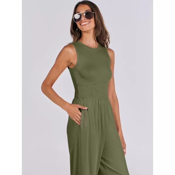 imageANRABESS Women Dressy Jumpsuits 2024 Casual Summer Sleeveless High Neck Rib Tank Top Wide Leg Pants Romper OutfitsArmy Green