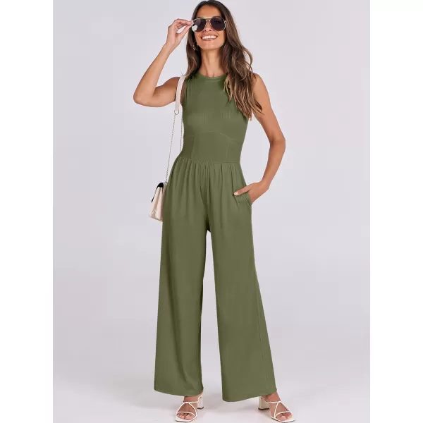imageANRABESS Women Dressy Jumpsuits 2024 Casual Summer Sleeveless High Neck Rib Tank Top Wide Leg Pants Romper OutfitsArmy Green