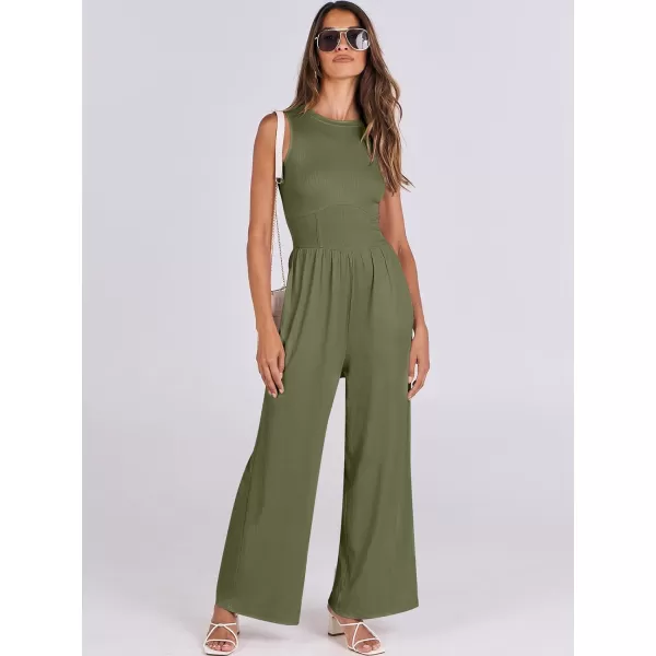 imageANRABESS Women Dressy Jumpsuits 2024 Casual Summer Sleeveless High Neck Rib Tank Top Wide Leg Pants Romper OutfitsArmy Green