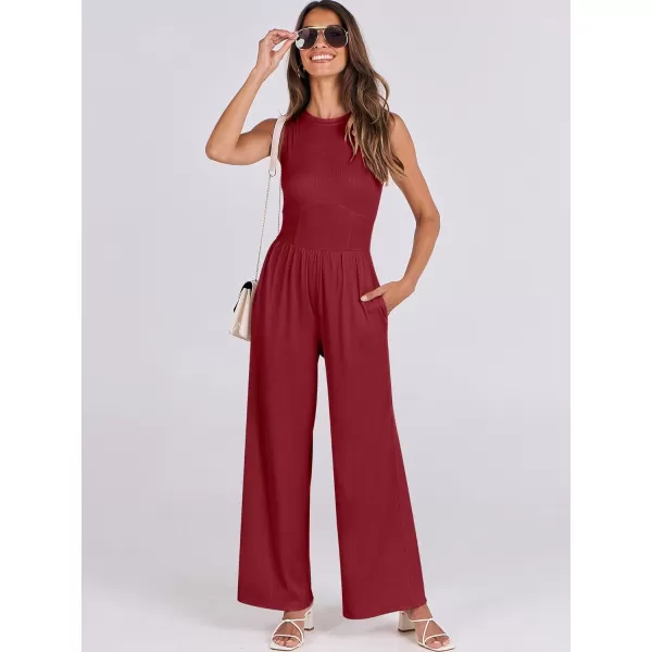 imageANRABESS Women Dressy Jumpsuits 2024 Casual Summer Sleeveless High Neck Rib Tank Top Wide Leg Pants Romper OutfitsBurgundy