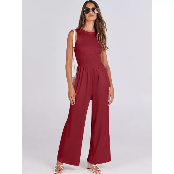imageANRABESS Women Dressy Jumpsuits 2024 Casual Summer Sleeveless High Neck Rib Tank Top Wide Leg Pants Romper OutfitsBurgundy