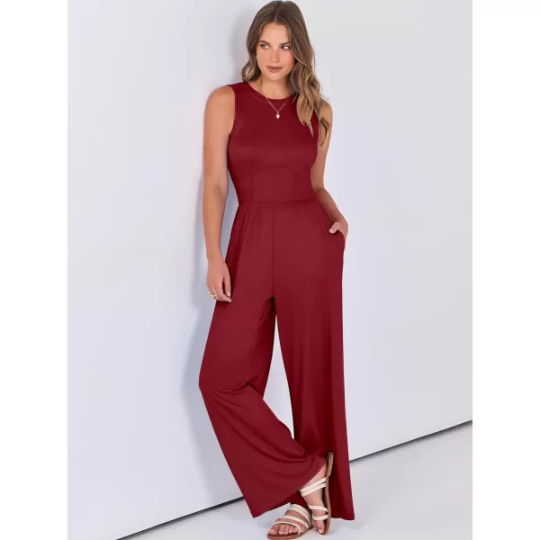 imageANRABESS Women Dressy Jumpsuits 2024 Casual Summer Sleeveless High Neck Rib Tank Top Wide Leg Pants Romper OutfitsBurgundy