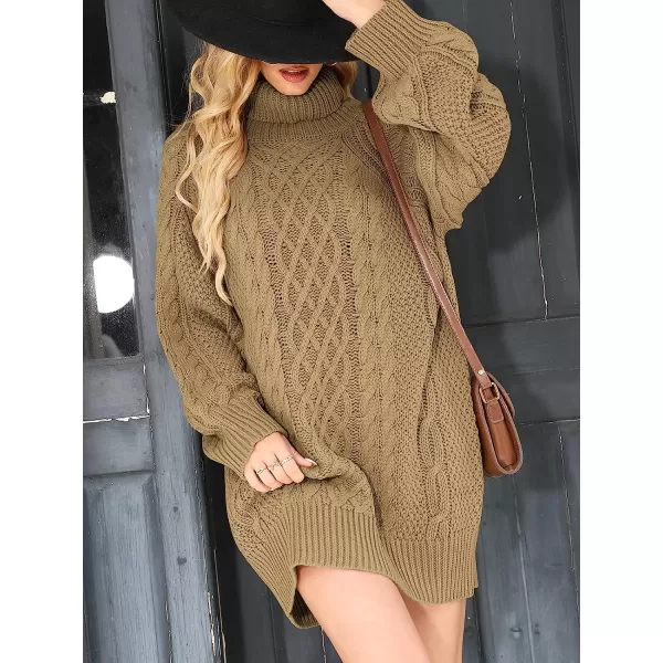 imageANRABESS Women Fall Winter Long Sleeve Oversized Turtleneck Cable Knit Chunky Pullover Sweater DressKhaki