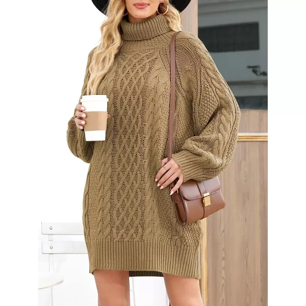 imageANRABESS Women Fall Winter Long Sleeve Oversized Turtleneck Cable Knit Chunky Pullover Sweater DressKhaki