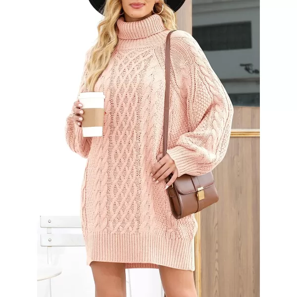 imageANRABESS Women Fall Winter Long Sleeve Oversized Turtleneck Cable Knit Chunky Pullover Sweater DressPink