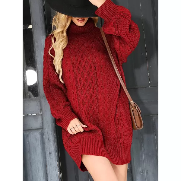 imageANRABESS Women Fall Winter Long Sleeve Oversized Turtleneck Cable Knit Chunky Pullover Sweater DressRed