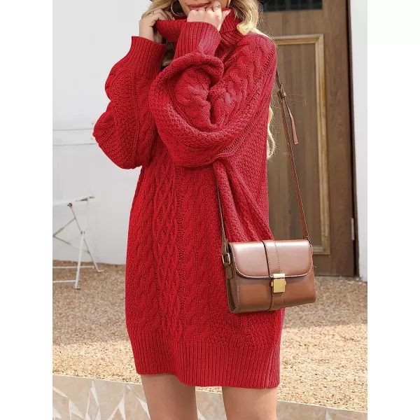 imageANRABESS Women Fall Winter Long Sleeve Oversized Turtleneck Cable Knit Chunky Pullover Sweater DressRed