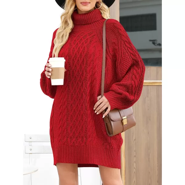 imageANRABESS Women Fall Winter Long Sleeve Oversized Turtleneck Cable Knit Chunky Pullover Sweater DressRed