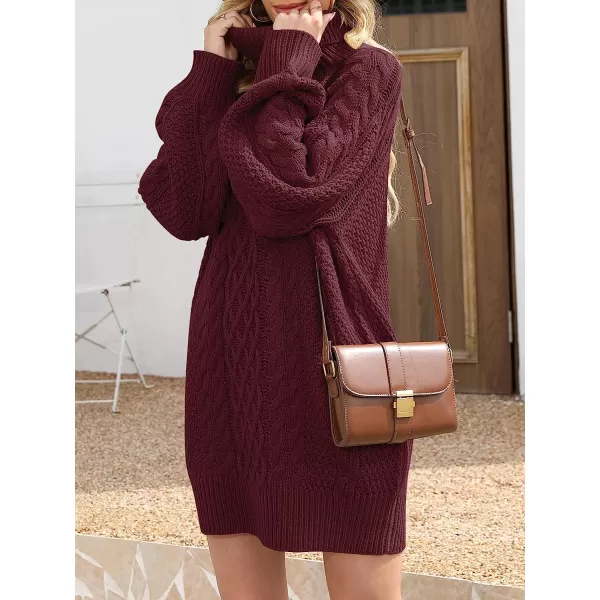 imageANRABESS Women Fall Winter Long Sleeve Oversized Turtleneck Cable Knit Chunky Pullover Sweater DressWine Red