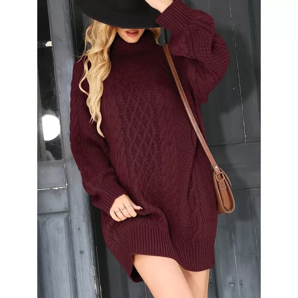 imageANRABESS Women Fall Winter Long Sleeve Oversized Turtleneck Cable Knit Chunky Pullover Sweater DressWine Red