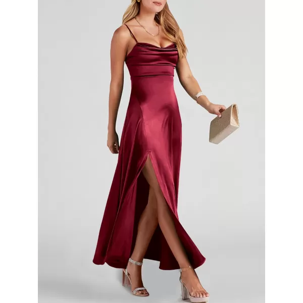 imageANRABESS Women Formal Satin Spaghetti Strap Cowl Neck Bodycon Slit Prom Cocktail Maxi Dress Evening PartyBurgundy